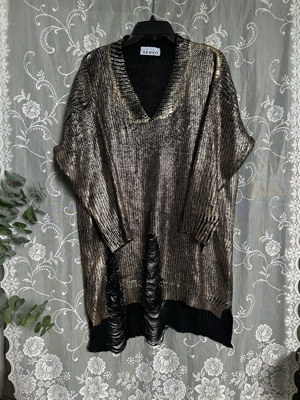Kate Hewko Metallic Gold V-Neck Distressed Sweater Tunic